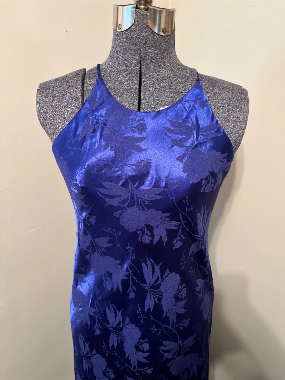 Vtg 90s 3/4 Blue Floral Satin Maxi Slip Dress Y2K Whimsigoth Formal Prom Hoco